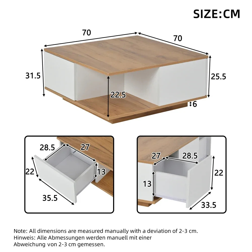 Table basse bois clair 70x70x31.5 cm avec 3 tiroirs et rangement semi-ouvert