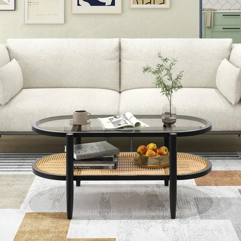 Table basse en bois et noir 2 niveaux avec plateau en verre trempé et cadre en acacia
