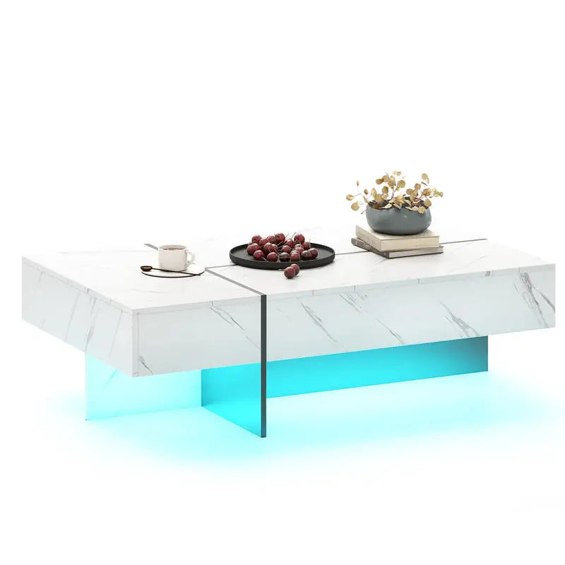 Table basse blanche et en bois d'ingénierie avec éclairage LED et 3 tiroirs 120x70 cm