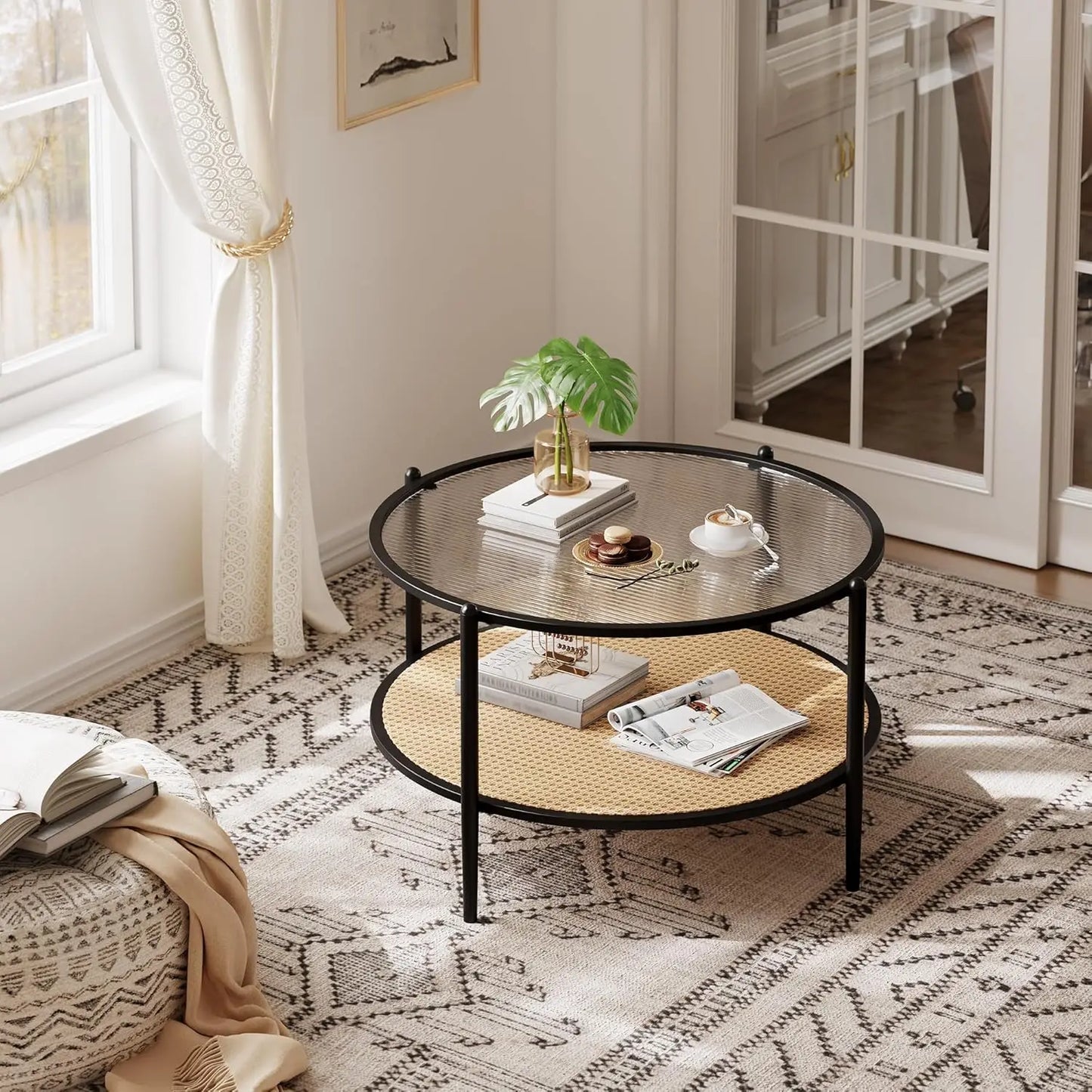 Table basse en bois et noir ronde en rotin 78 cm avec plateau en verre trempé