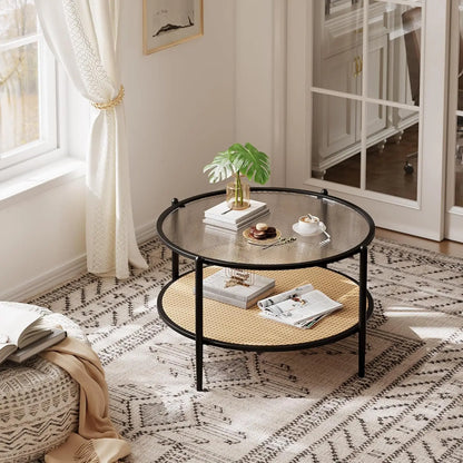 Table basse en bois et noir ronde en rotin 78 cm avec plateau en verre trempé
