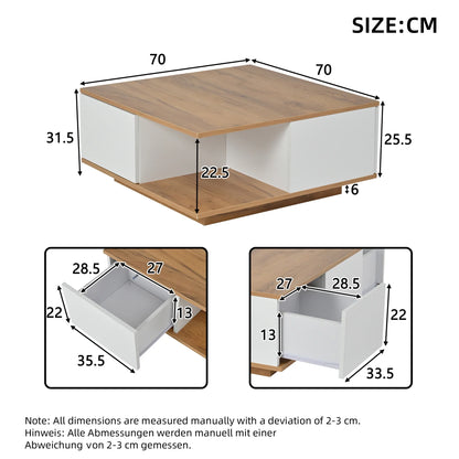 Table basse blanche et en bois avec tiroirs géométrique haut brillant