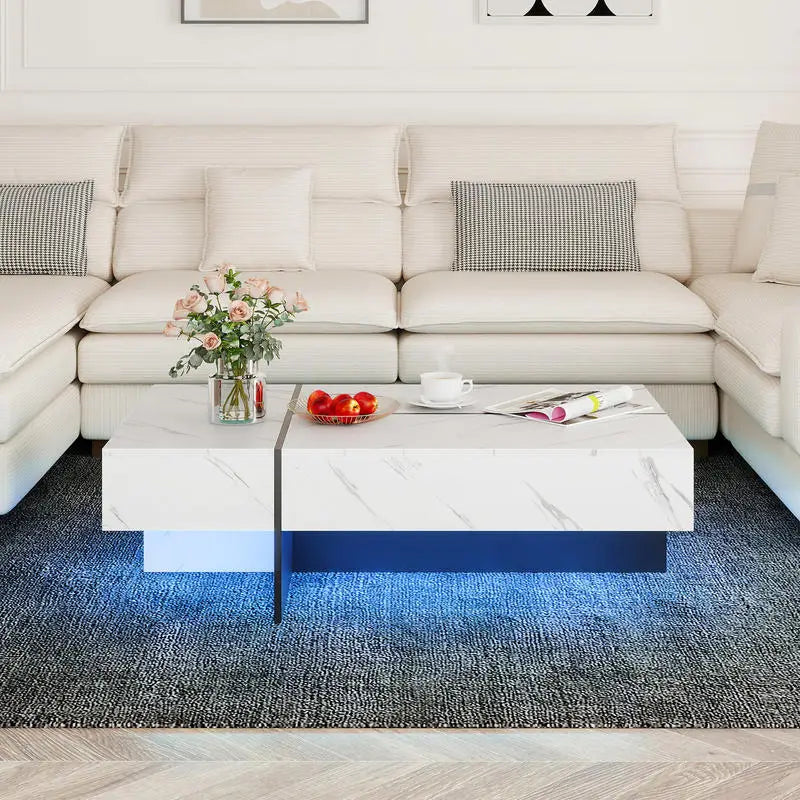 Table basse blanche et en bois d'ingénierie avec éclairage LED et 3 tiroirs 120x70 cm