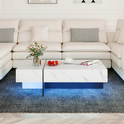 Table basse blanche et en bois d'ingénierie avec éclairage LED et 3 tiroirs 120x70 cm