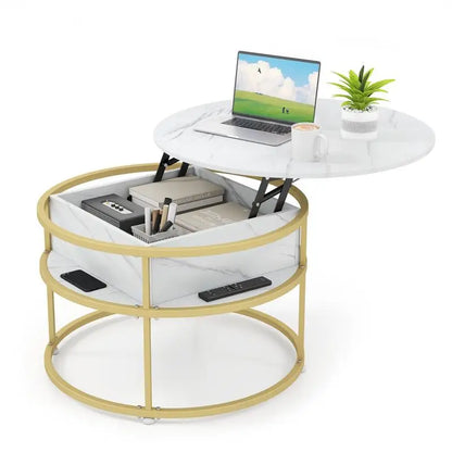 Table basse ronde en bois avec mécanisme lift et rangement caché 80x80x50H cm