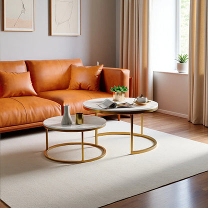 Table basse ronde en bois MDF avec piètement métal doré et noir
