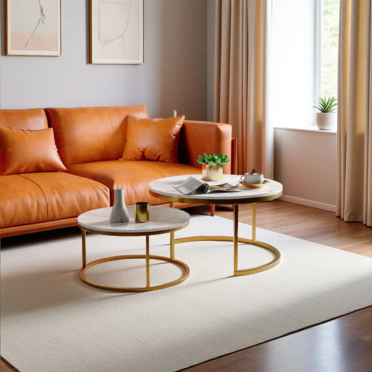 Table basse ronde en bois MDF avec piètement métal doré et noir