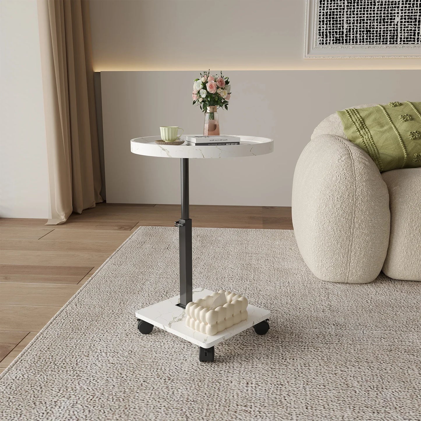Table basse ronde en bois 2 niveaux avec roulettes réglable en hauteur