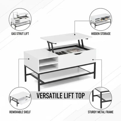 Table basse blanche et en bois avec plateau relevable et rangement caché