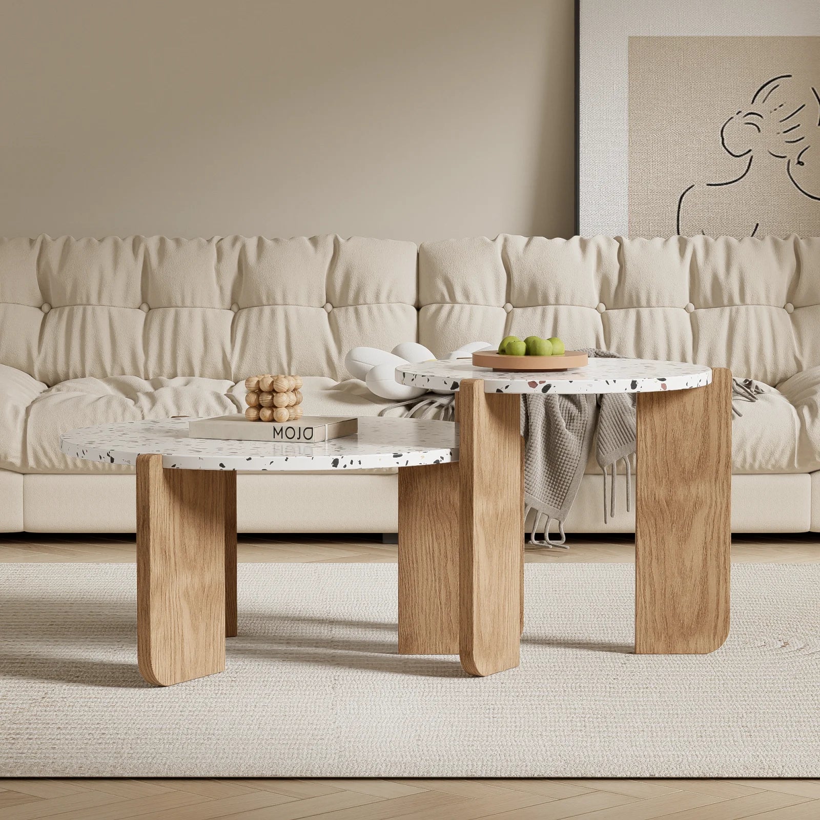 Table basse ronde en bois MDF blanc et bois 70x70x35 + 50x50x45,5 cm