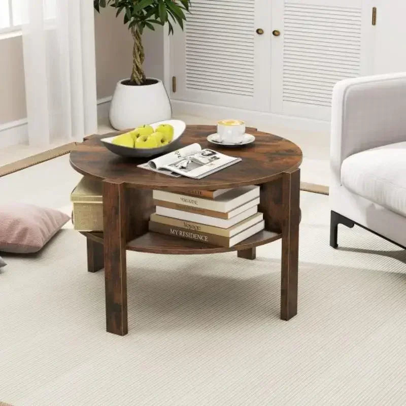 Table basse ronde en bois 2 niveaux avec 4 étagères marron rustique