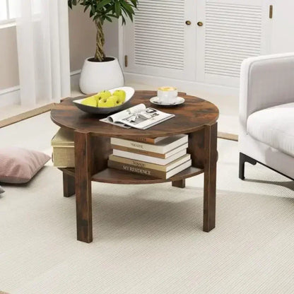 Table basse ronde en bois 2 niveaux avec 4 étagères marron rustique