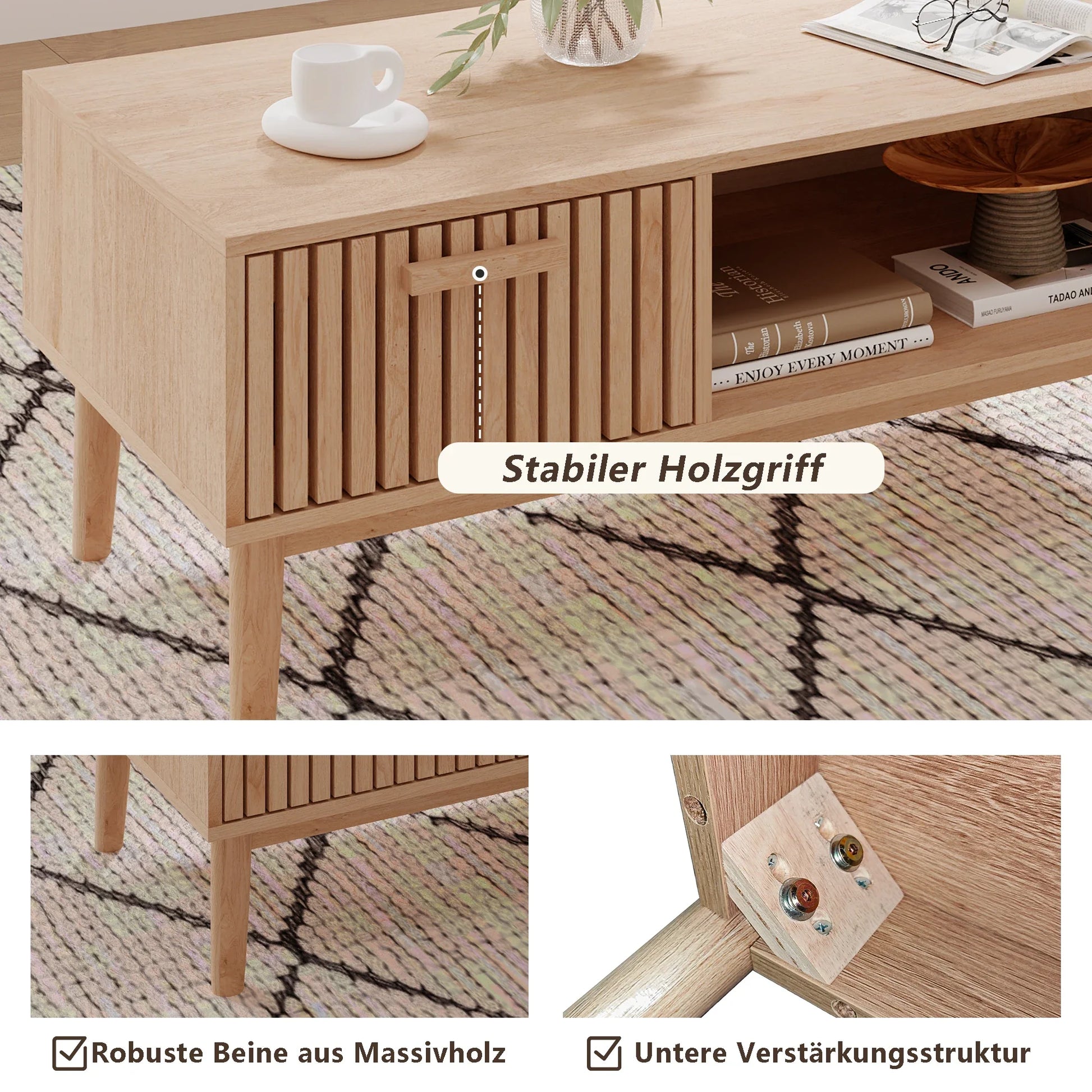 Table basse bois clair 100x50x43 cm avec tiroir et rangement