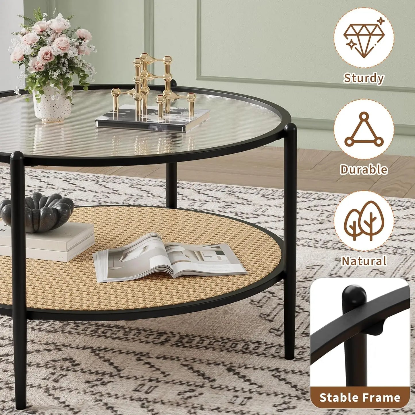 Table basse en bois et noir ronde en rotin 78 cm avec plateau en verre trempé