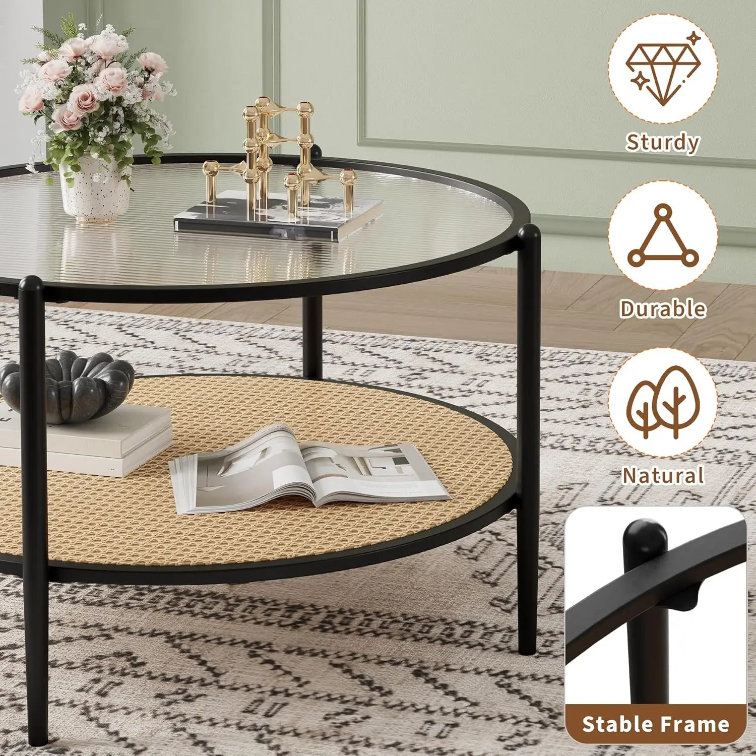 Table basse en bois et noir ronde en rotin 78 cm avec plateau en verre trempé