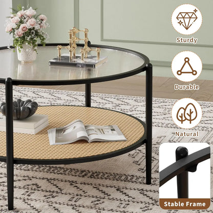 Table basse en bois et noir ronde en rotin 78 cm avec plateau en verre trempé