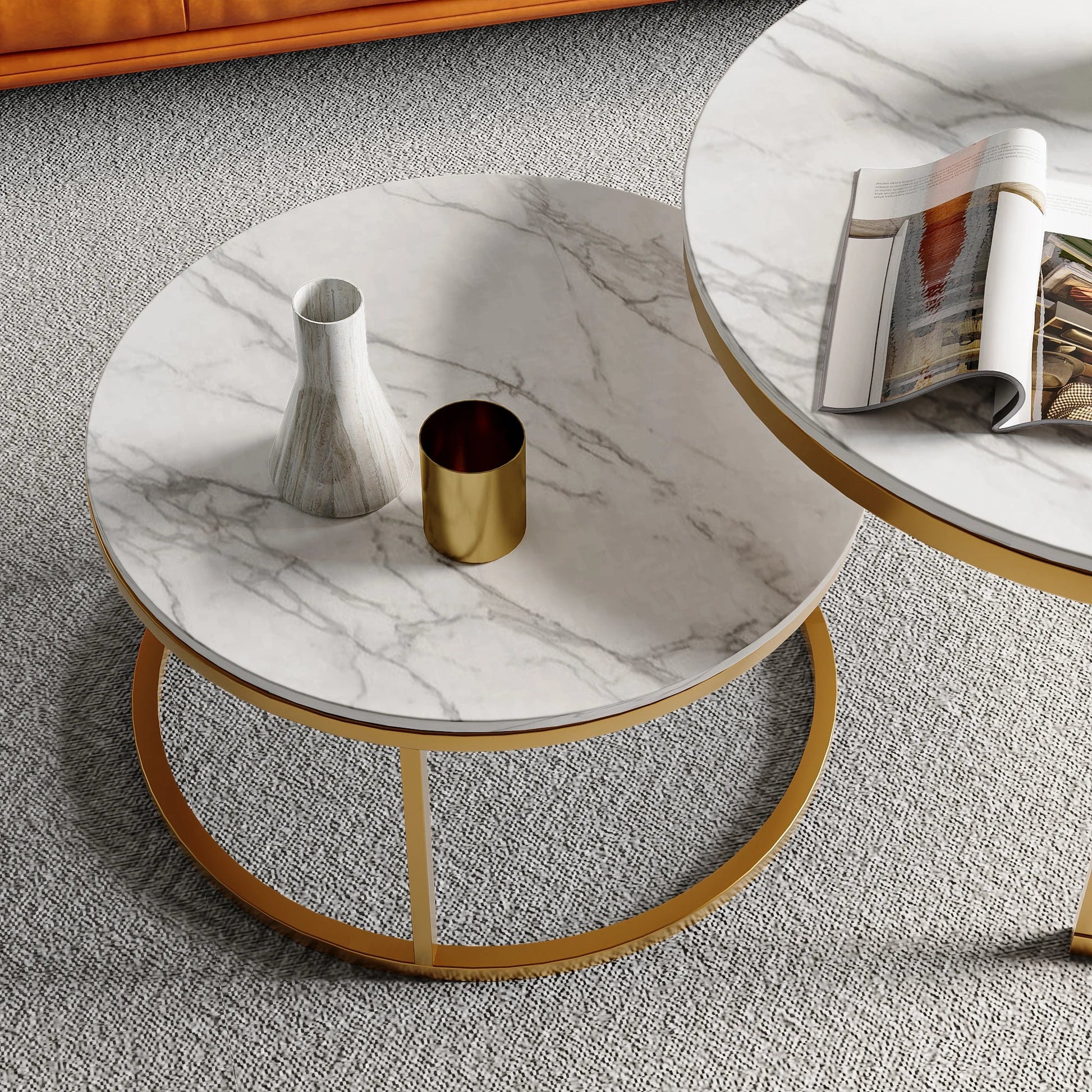 Table basse ronde en bois MDF avec piètement métal doré et noir