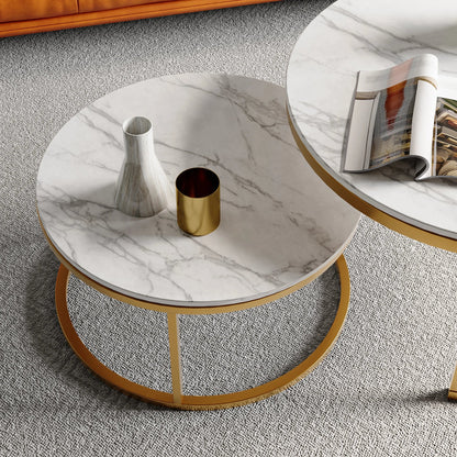 Table basse ronde en bois MDF avec piètement métal doré et noir