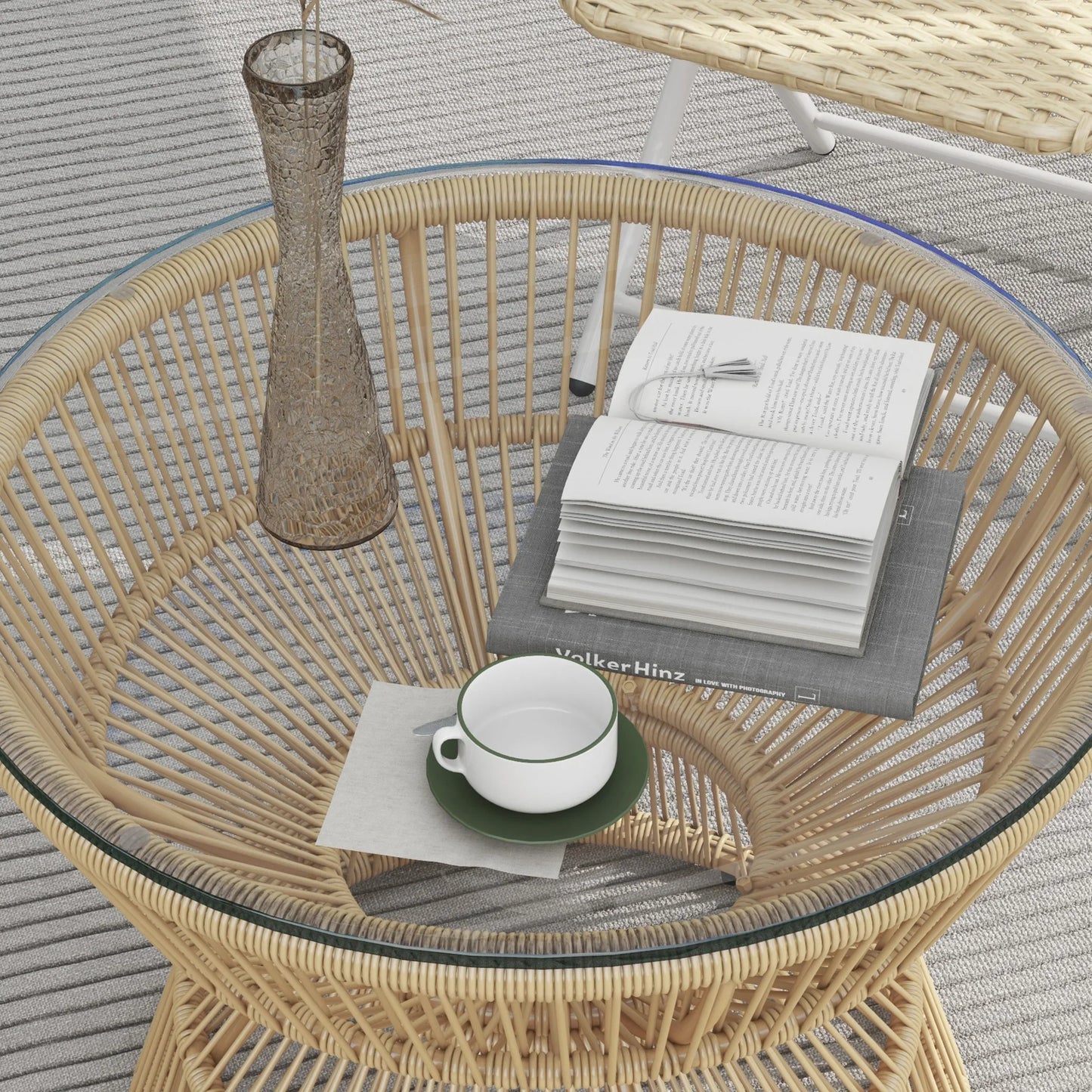 Table basse ronde en bois rotin PE avec plateau en verre trempé 60 cm