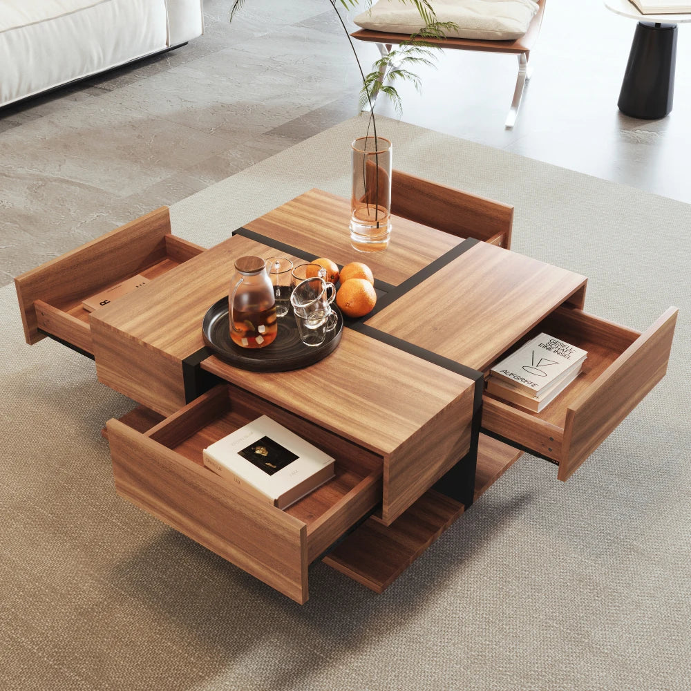 Table basse bois clair 78x78x36 cm avec 4 tiroirs et rangement double niveau