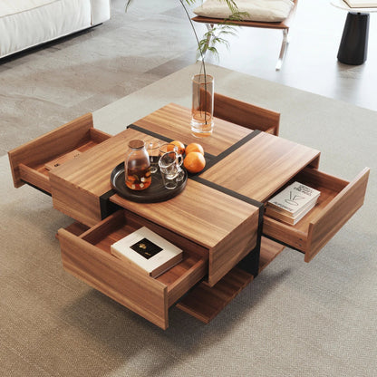 Table basse bois clair 78x78x36 cm avec 4 tiroirs et rangement double niveau