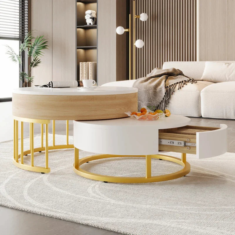 Table basse ronde en bois MDF avec piètement métal doré et tiroir
