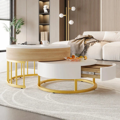 Table basse ronde en bois MDF avec piètement métal doré et tiroir