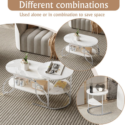 Table basse blanche et en bois 2 pièces gigognes 80x46x45 + 52x52x51 cm