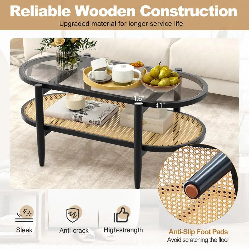 Table basse en bois et noir 2 niveaux avec plateau en verre trempé et cadre en acacia