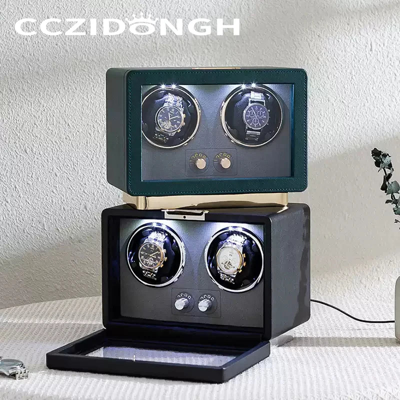 CCZIDONGH Wooden Watch Winder Box Automatic Watch Winder 2 Slots Watch Storage Box With Led Light Watch Box