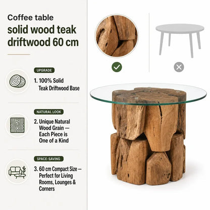 Table basse en bois massif teck 60 cm verre trempé brune