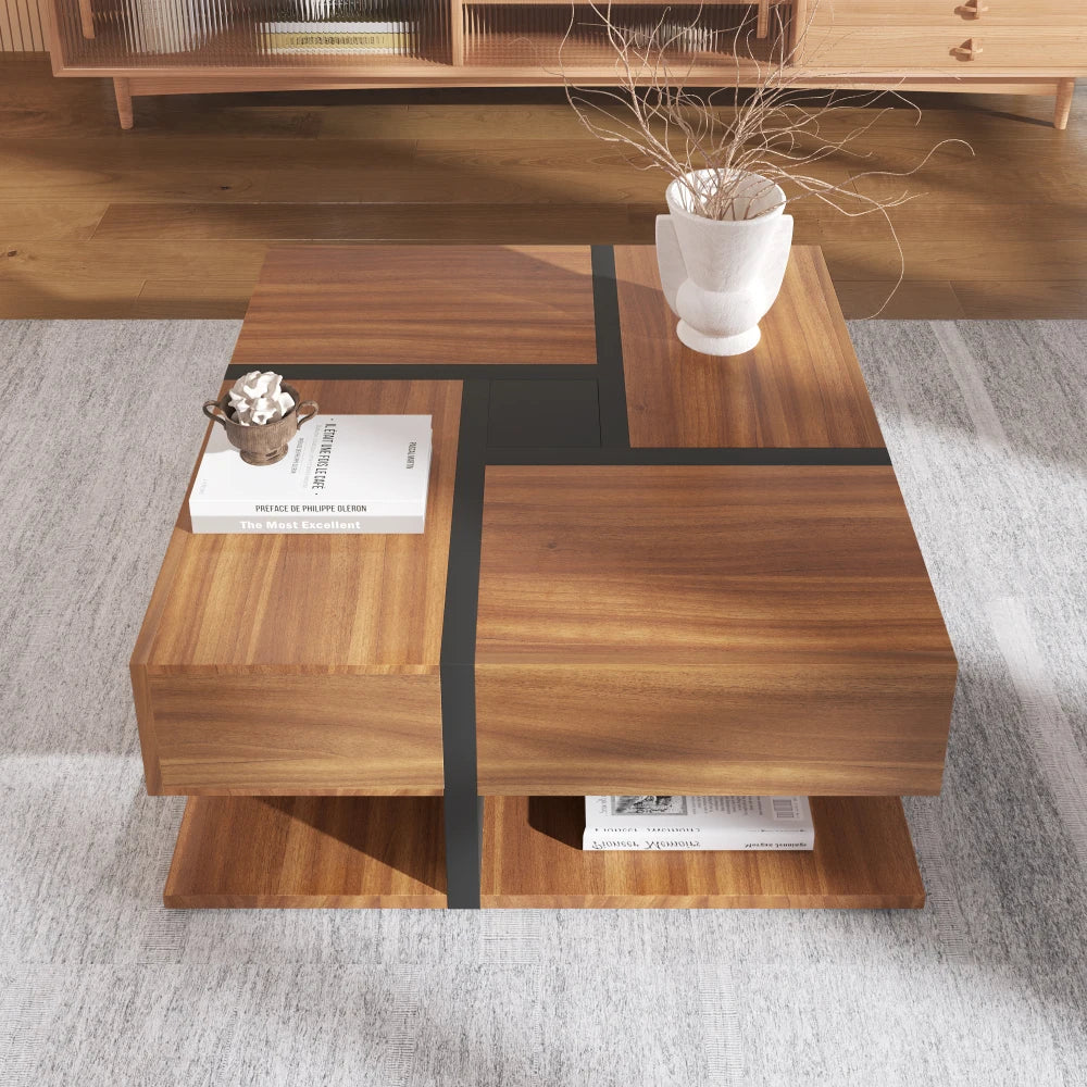 Table basse bois clair 78x78x36 cm avec 4 tiroirs et rangement double niveau