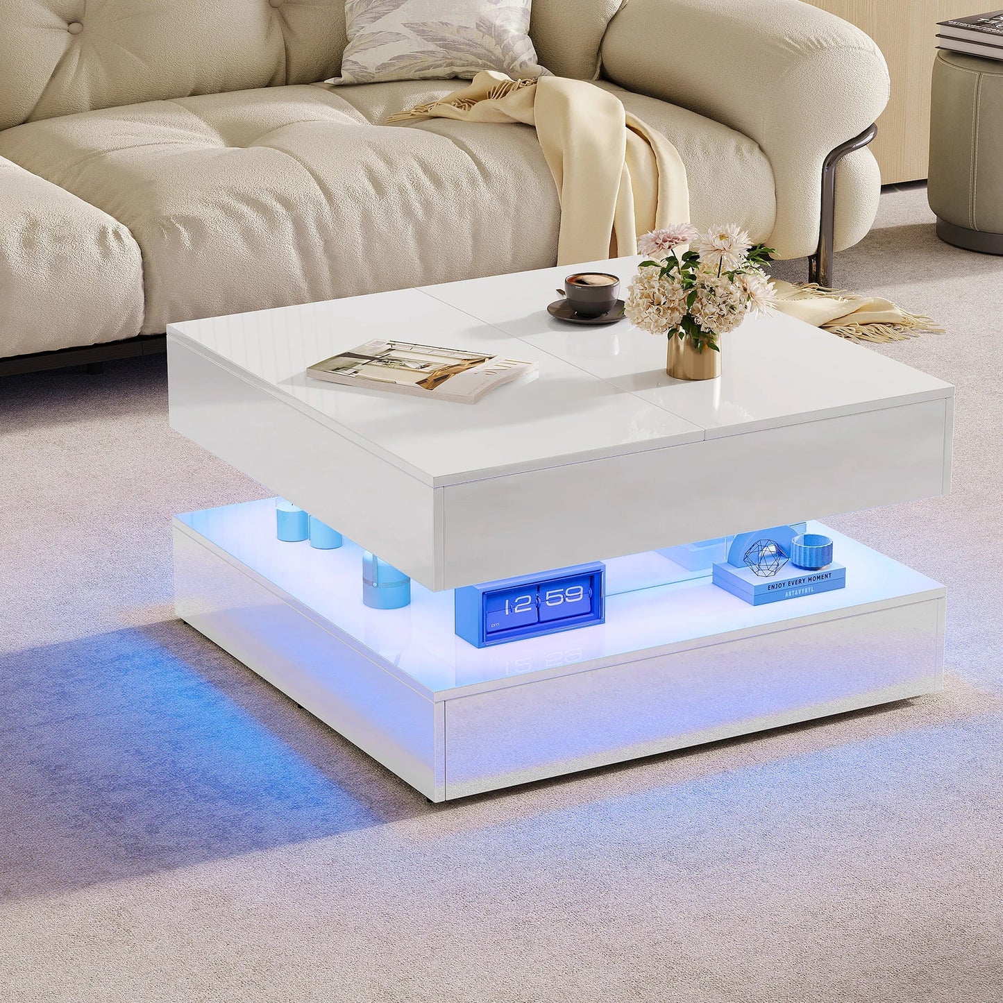 Table basse blanche et en bois multifonctionnelle avec LED RGB et tiroirs à ouverture tactile