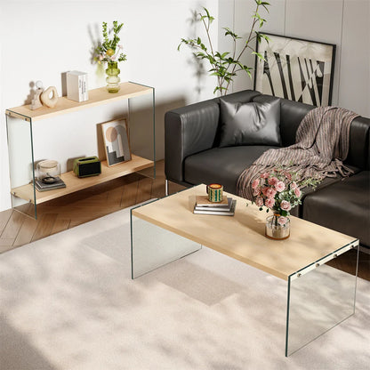 Table basse bois clair 120x60x45 cm avec plateau en verre trempé