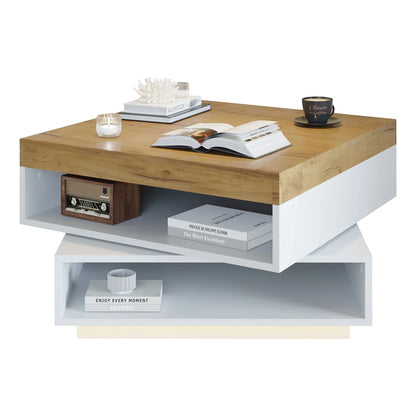 Table basse blanche et en bois carrée 65x65x40 cm avec plateau pivotant 360° et lumières LED