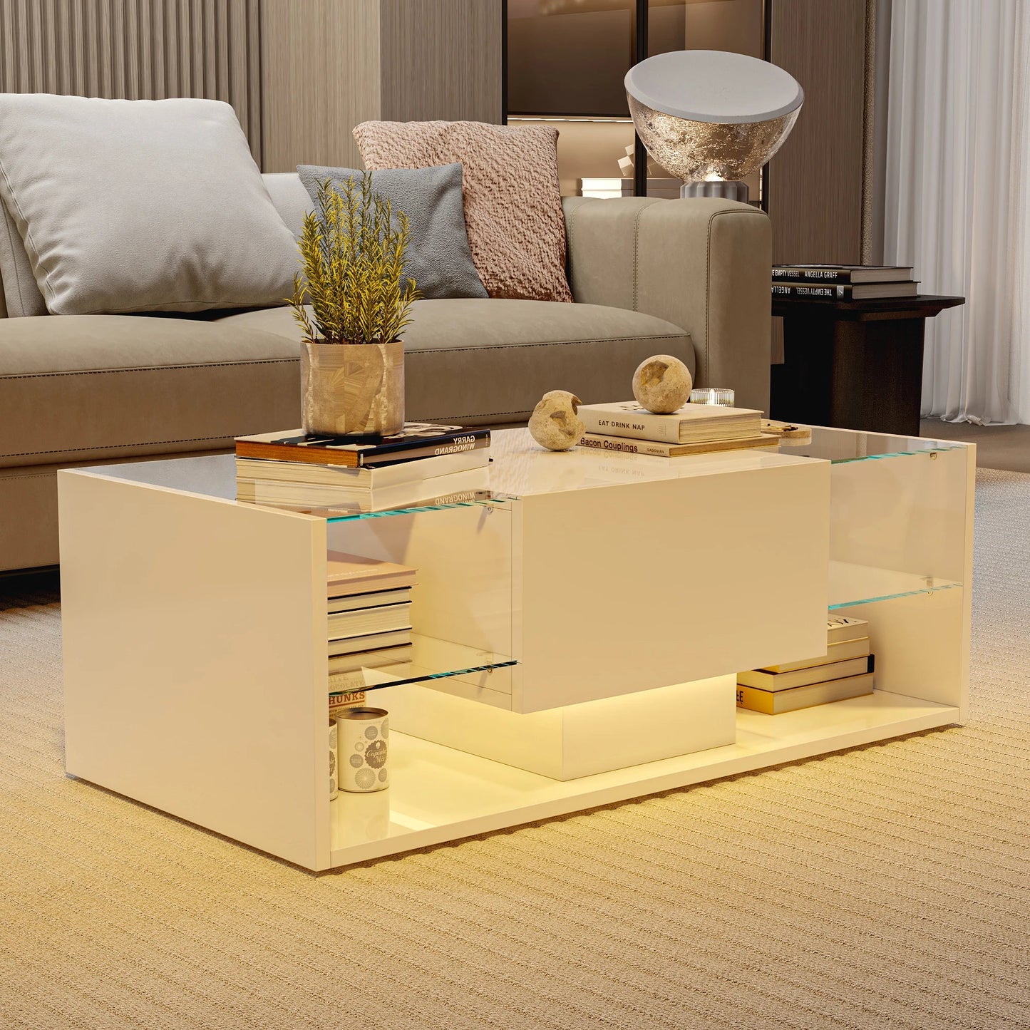 Table basse blanche et en bois avec éclairage LED et rangement