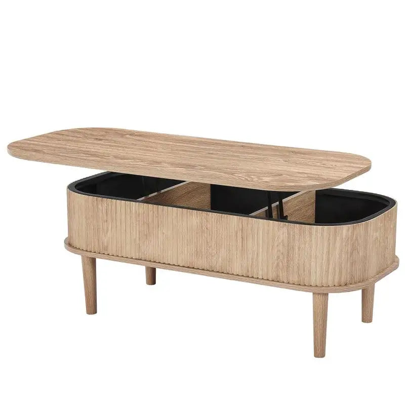 Table basse bois clair ovale avec plateau relevable et rangement caché 100 cm