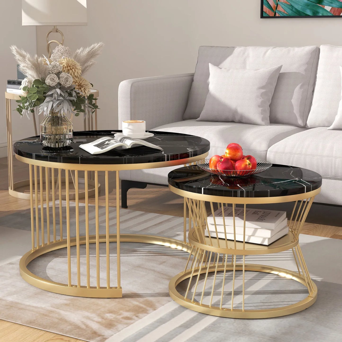 Table basse ronde en bois MDF avec verre trempé double étagère