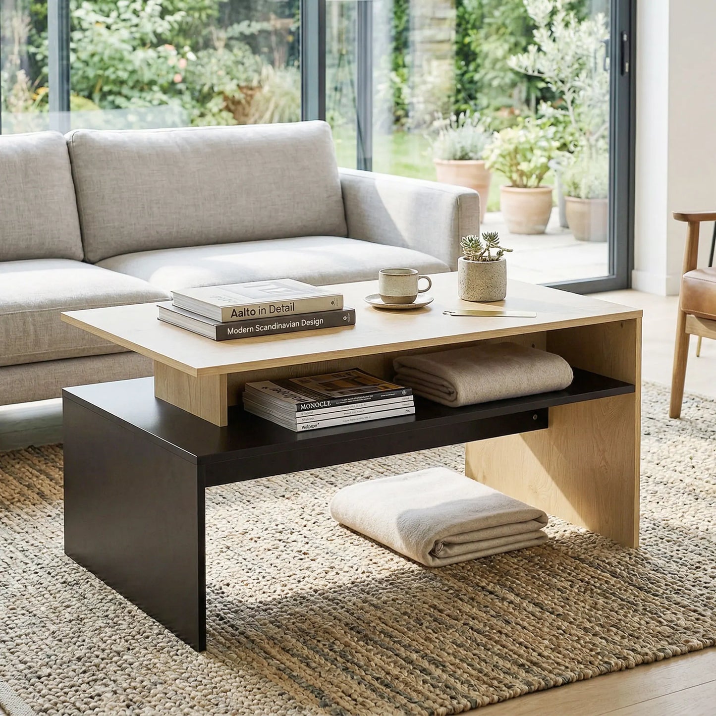 Table basse en bois et noir à niveaux décalés avec étagère de rangement 95x55x50 cm MDF