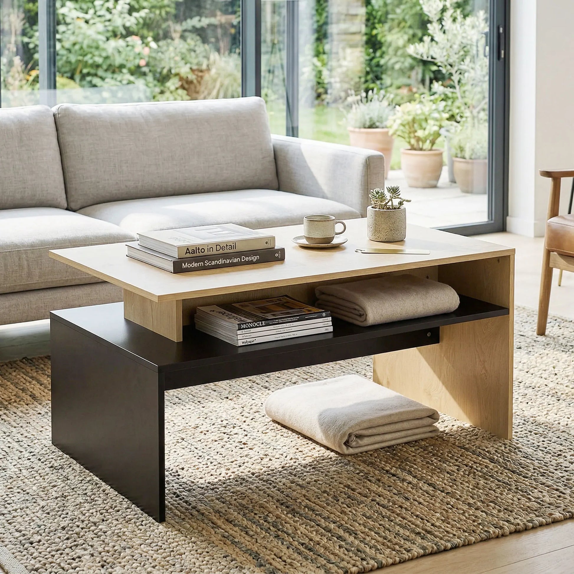 Table basse en bois et noir à niveaux décalés avec étagère de rangement 95x55x50 cm MDF