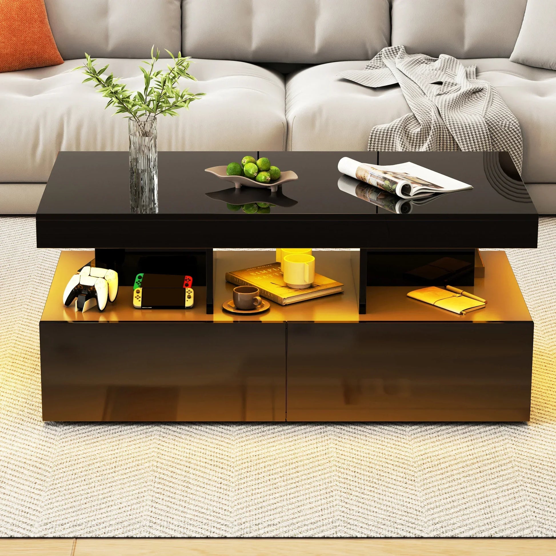 Table basse en bois et noir avec tiroirs et LED 104x53x46 cm