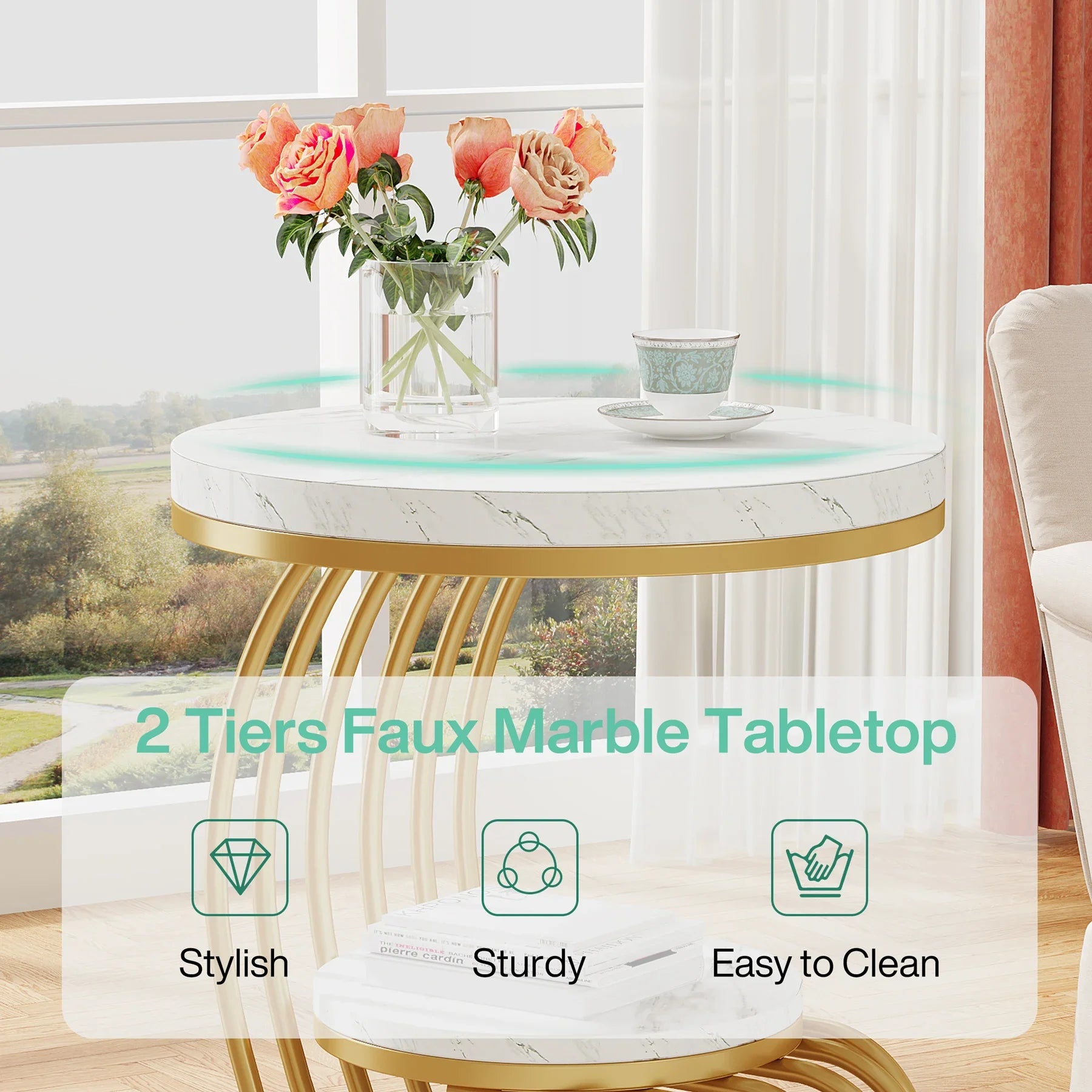 Table basse ronde en bois blanc marbre effet or 50 x 50 x 63 cm