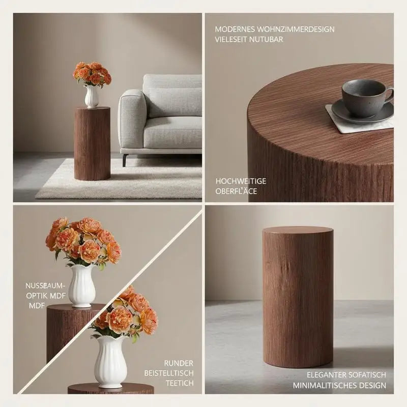 Table basse ronde en bois MDF noyer avec piètement métal noir