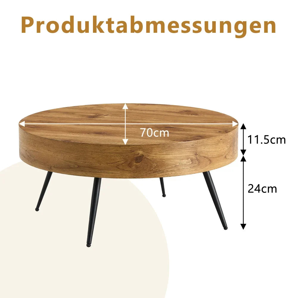 Table basse bois clair rond 70 cm pieds métal noir
