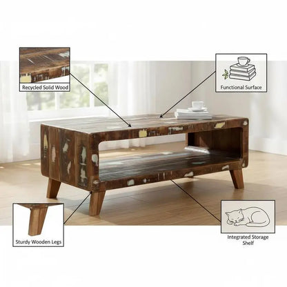 Table basse en bois massif recyclé rustique avec rangement
