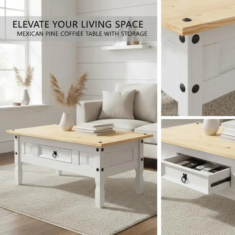 Table basse blanche et en bois de pin massif 100x55x44 cm