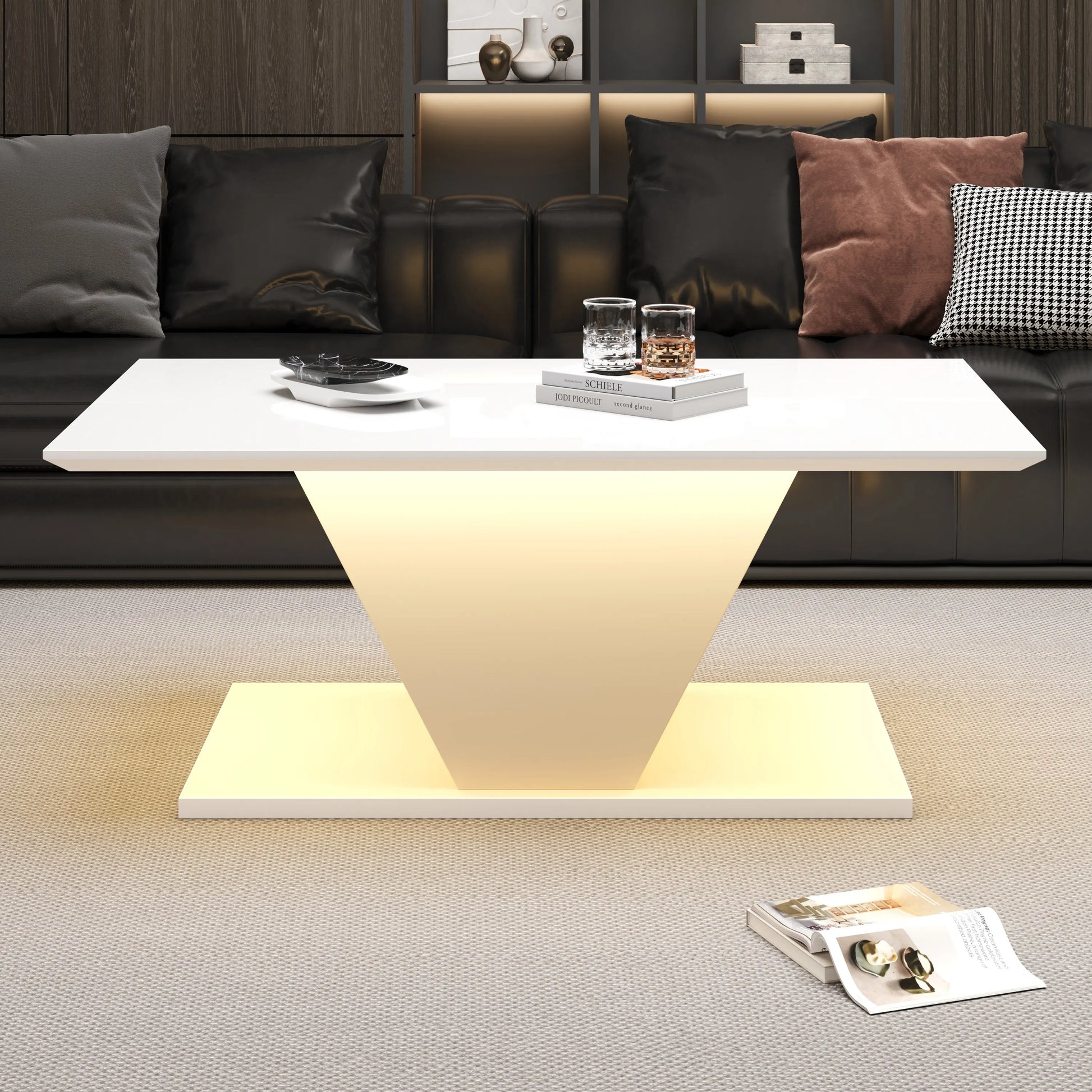 Table basse blanche et en bois MDF haute brillance forme V avec LED RGB