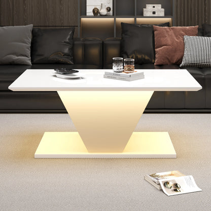 Table basse blanche et en bois MDF haute brillance forme V avec LED RGB