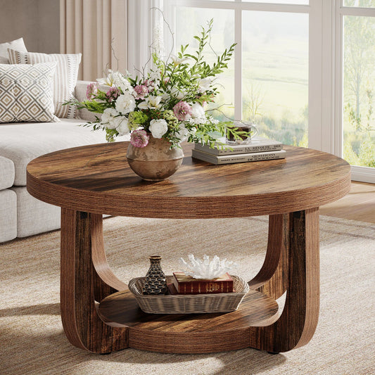 Table basse ronde en bois 2 niveaux avec rangement 80 cm