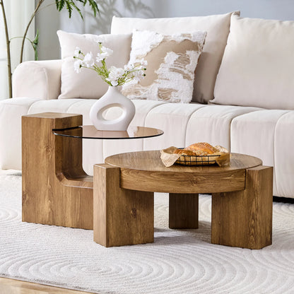 Table basse ronde en bois MDF et verre trempé teinté brun gigogne 2 pièces